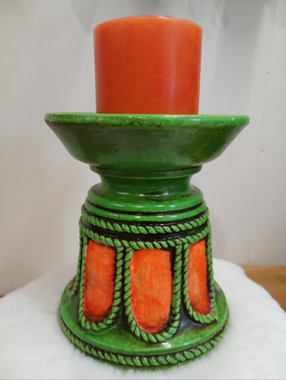 Vtg 70's Folk Art Vibrant Green/Orange Pillar Candle Holder With Candle